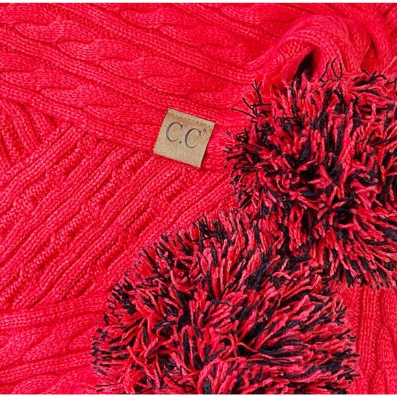 C.C. Exclusives Cozy Cable Knit Pom Pom Scarf Red Black - Picture 9 of 12